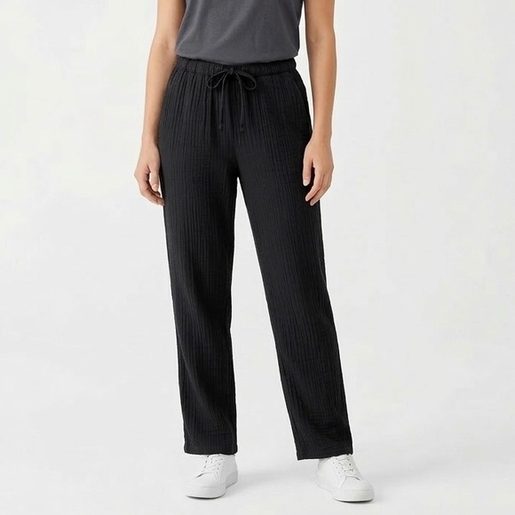 Quince Pants - Quince 100% Organic Cotton Gauze Straight Leg Drawstring Pants Black Size Small